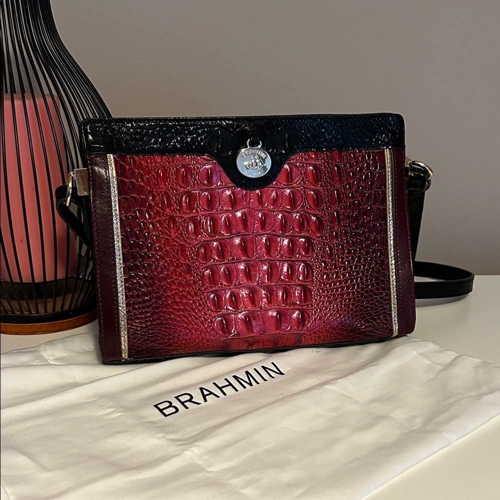 Brahmin Black and Burgundy Croc-Embossed Crossbody